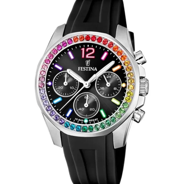 Damen Uhren Chronograph*Festina F20610/3 Damen-Uhr Boyfriend Rainbow Analog Quarz mit Silikon-Armband