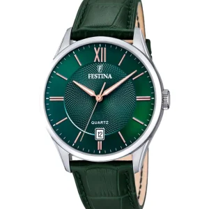 Herren Designer Uhren*Festina Herren-Uhr Klassik Grün Analog Quarz Leder-Armband F20426/7