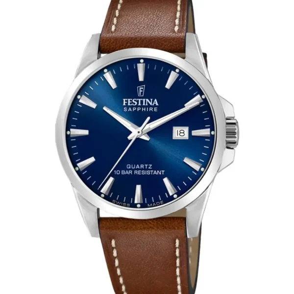 Herren Designer Uhren*Festina Herren-Uhr Swiss Made Blau Analog Quarz Leder-Armband F20025/3