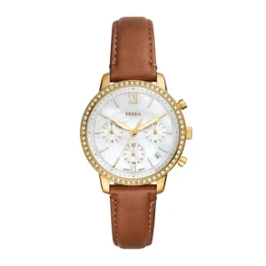 Damen Uhren Chronograph*Fossil Damen-Uhr Neutra Chronograph Quarz Leder-Band Gold-Ton ES5278