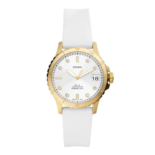 Damen Designer Uhren*Fossil ES5286 Damen-Uhr FB-01 Weiß Analog Quarz mit Silikon-Armband Gold-Ton