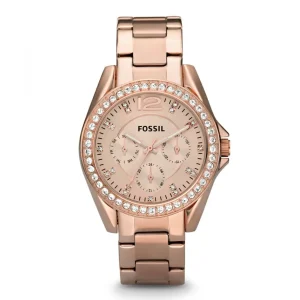 Damen Uhren Multifunktion*Fossil ES2811 Damenuhr Riley Multifunktion Quarz Edelstahl-Band Rosé Ø 38 mm