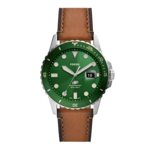 Herren Designer Uhren*Fossil FS5946 Herren-Uhr Blue Grün Analog Quarz Braun Lite Hide-Leder-Band