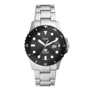 Herren Designer Uhren*Fossil Herren-Uhr Blue Dive Schwarz Analog Quarz Edelstahl-Band FS6032