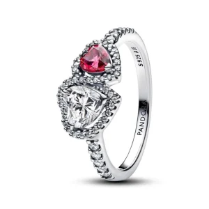 Ringe*Pandora Ring Damen Strahlenkranz Zwei Herzen Rot Weiß Silber 193662C01