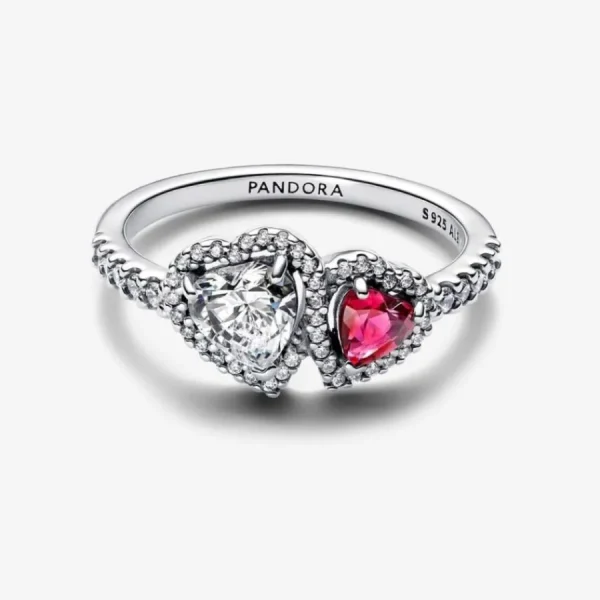 Ringe*Pandora Ring Damen Strahlenkranz Zwei Herzen Rot Weiß Silber 193662C01