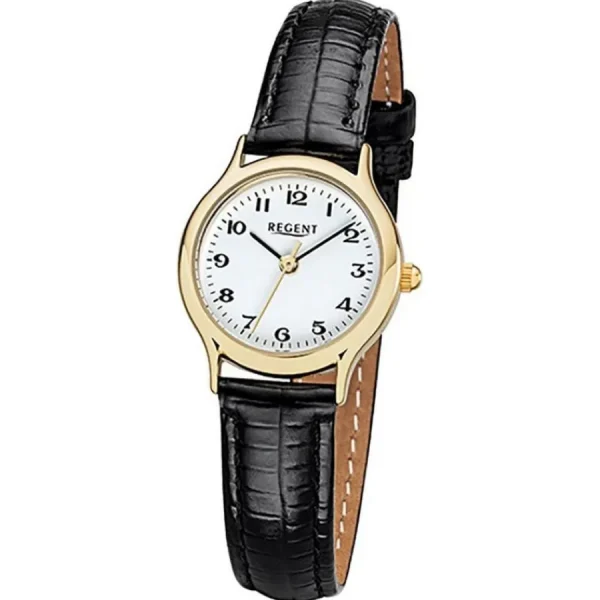 Damen Designer Uhren*Regent F-971 Damen-Uhr Analog Quarz mit Lederarmband Edelstahl IP Gold Ø 23 mm