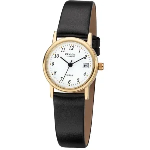 Damen Designer Uhren*Regent F-829 Damen-Uhr Analog Quarz mit Lederarmband Edelstahl IP Gold Ø 25 mm