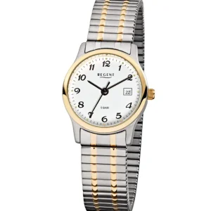 Damen Designer Uhren*Regent F-887 Damen-Uhr Analog Quarz mit Zug-Armband Silber IP Gold Ø 27 mm