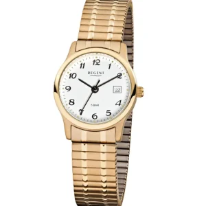 Damen Designer Uhren*Regent F-886 Damen-Uhr Analog Quarz mit Zug-Armband IP Gold Ø 27 mm