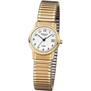 Damen Designer Uhren*Regent F-890 Damen-Uhr Analog Quarz mit Zug-Armband IP-Gold Ø 25 mm