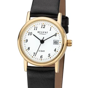 Damen Designer Uhren*Regent F-829 Damen-Uhr Analog Quarz mit Lederarmband Edelstahl IP Gold Ø 25 mm