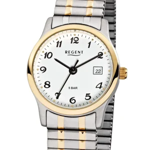 Damen Designer Uhren*Regent F-887 Damen-Uhr Analog Quarz mit Zug-Armband Silber IP Gold Ø 27 mm