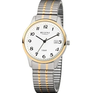 Herren Designer Uhren*Regent F-877 Herren-Uhr Analog Quarz mit Zug-Armband Silber IP Gold Ø 36 mm