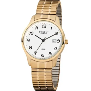 Herren Designer Uhren*Regent F-876 Herren-Uhr Analog Quarz mit Zug-Armband IP Gold Ø 36 mm