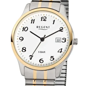 Herren Designer Uhren*Regent F-877 Herren-Uhr Analog Quarz mit Zug-Armband Silber IP Gold Ø 36 mm