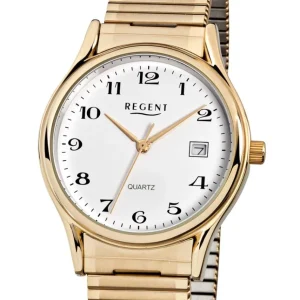 Herren Designer Uhren*Regent F-873 Herren-Uhr Analog Quarz mit Zug-Armband IP Gold Ø 36 mm