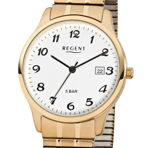 Herren Designer Uhren*Regent F-876 Herren-Uhr Analog Quarz mit Zug-Armband IP Gold Ø 36 mm